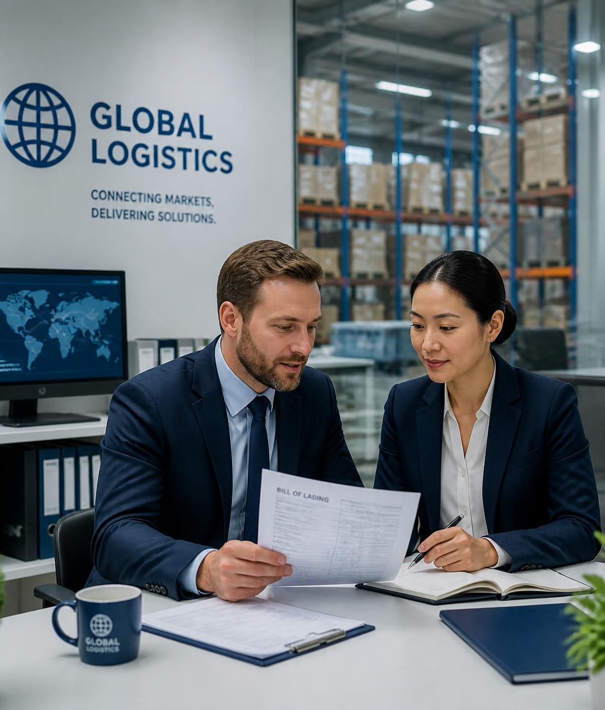 Trade specialists reviewing product documents in a general trading office